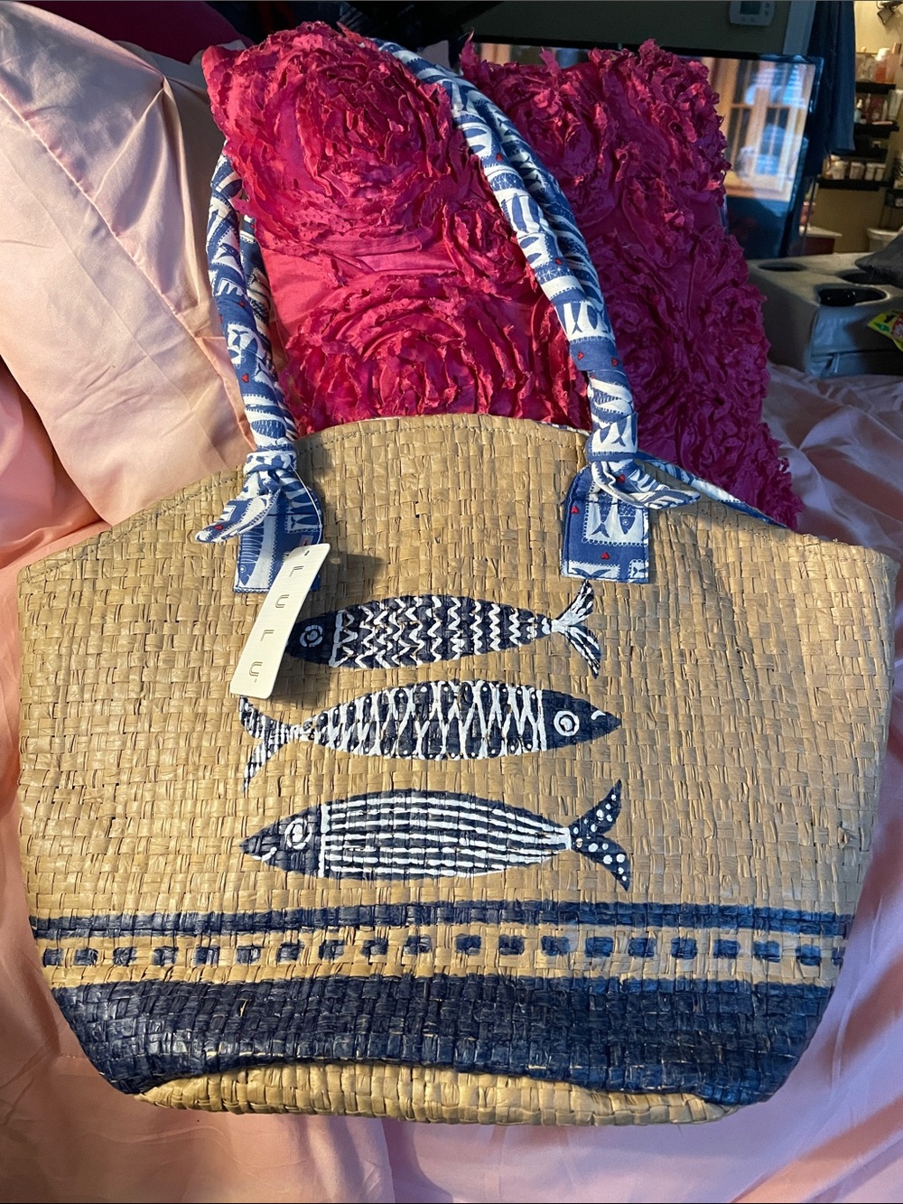 Woven Straw Fish Tote Bag with Blue Accents
